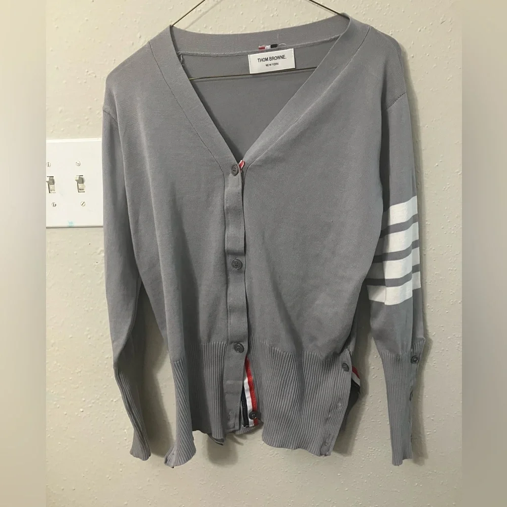 Thom Browne Gray Cardigan with White Stripes - Picture 2 of 3